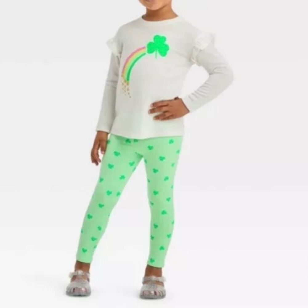 Cat & Jack Baby Girl Shamrock Rainbow Ruffle Long sleeves Pants Two Pc Set 12M